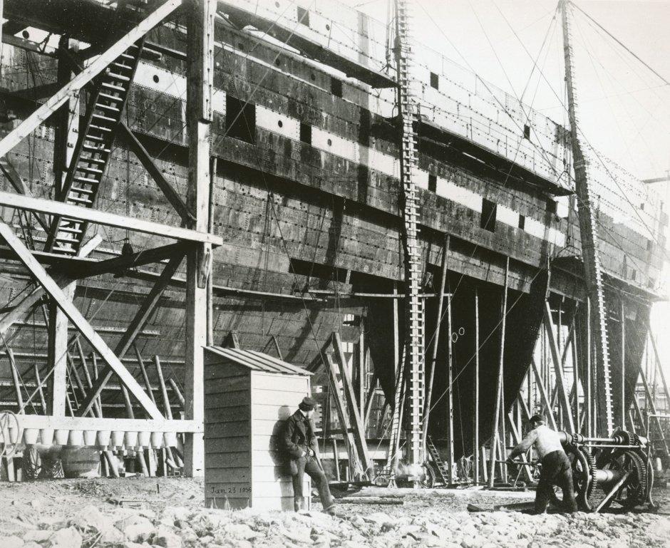 Photograph taken by Cundall and Howlett showing the S.S. Great Eastern under construction. 23 January 1856. Photograph from the University of Bath Special Collections.