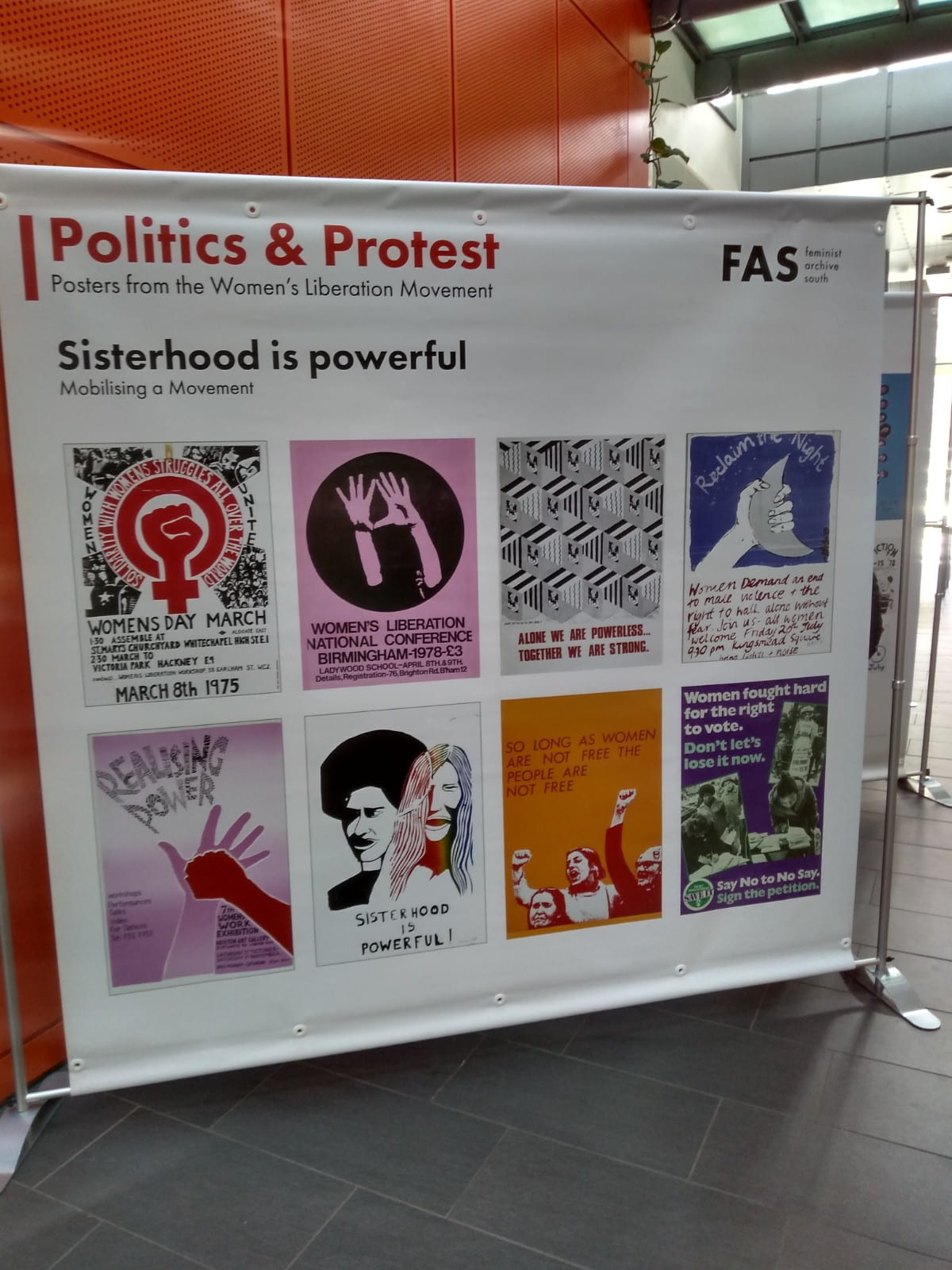 Politics & Protest exhibition banners in the University of Bristol Life Sciences Building. 