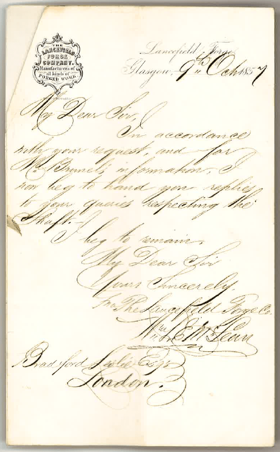 Letter from W.L.E. McLean to Bradford Leslie about the crank shaft of the Great Eastern. DM1306/11/21/7/7.