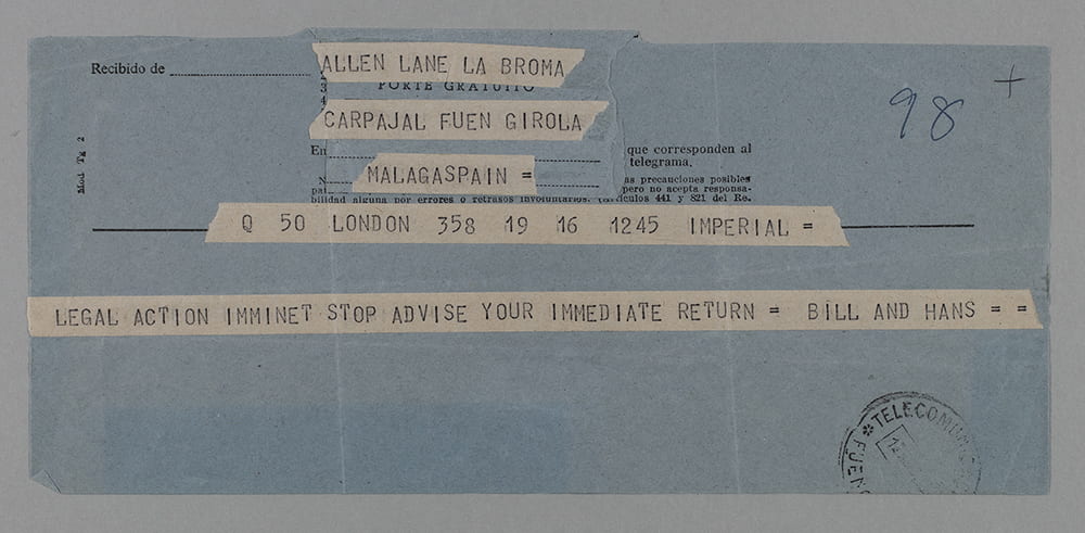 Telegram from W.E. Williams and Hans Schmoller to Sir Allen Lane in Malaga, Spain, n.d. [August 1960]. University of Bristol Library Special Collections ref: DM1294/3/4/1/1.
