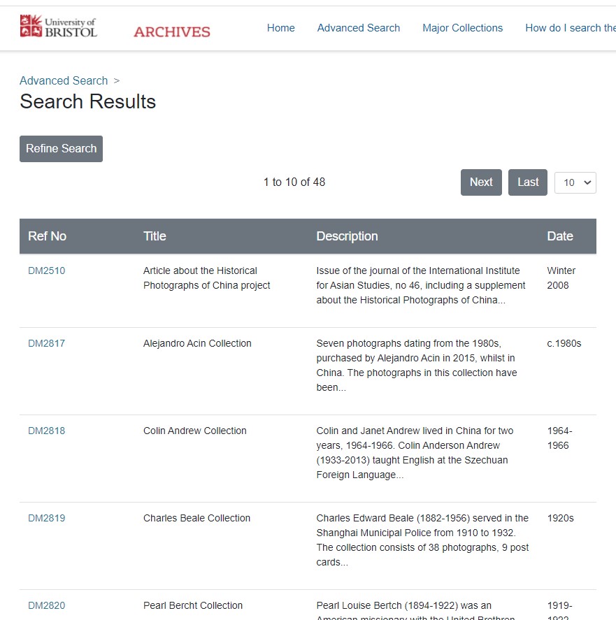 A screenshot showing some results of a search for ‘China (Historical Photographs of China)’, in the ‘Major collections’ drop-down menu in Advanced Search, in Special Collections’ Online Archive Catalogue.