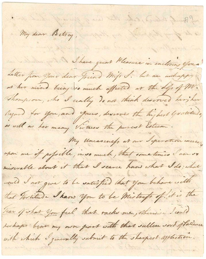 First page of a love letter from Robert Hodgson II writing from London to his wife, Elizabeth Hodgson, care of her father at Black River on the Mosquito Shore, Oct. 1, 1766. As he put it, 'My uneasiness at our Separation increases upon me if possible, in so much, that some times I am so miserable about it that I scarce know what I do'. He did manage to enclose a letter to Betsy from her 'dear friend' Miss Stevenson.