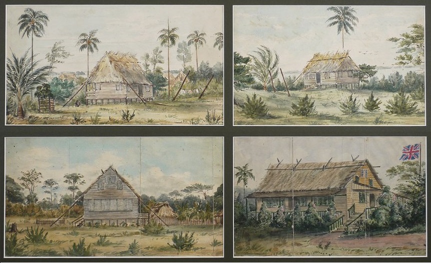 Four watercolours by an unknown traveller dated to July 1845 showing dwellings in Bluefields on the Mosquito Shore at the beginning of a new British protectorate. Courtesy of Wikimedia Commons