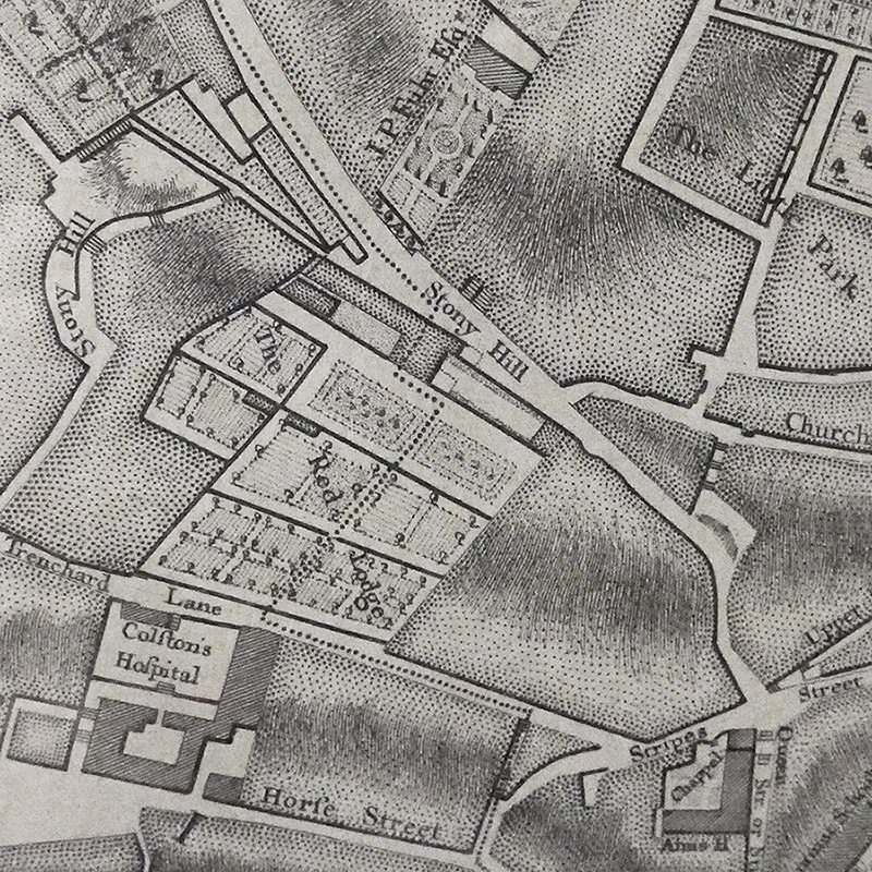 Part of 'A Plan of the City of Bristol', drawn and surveyed by John Rocque, engraved by John Pine, dated MDCCXLII, and published in March 1743. Courtesy of Special Collections, University of Bristol Library. Stony Hill (part of which is now named Stoney Hill, part Park Row) can be seen above and to the left of The Red Lodge