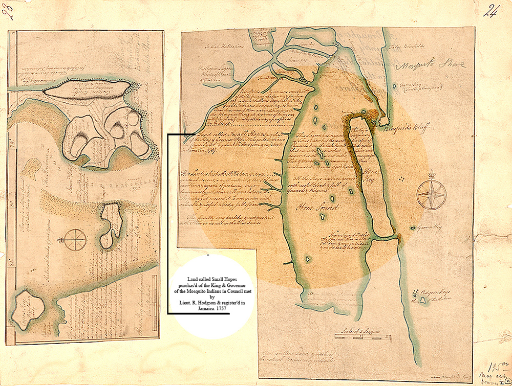 Maps of Bluefields drawn by Robert Hodgson II in 1770, in which he laid claim to the region by virtue of having purchased it from the Miskitu king and governor in 1757. Courtesy of the John Carter Brown Library, Brown University.