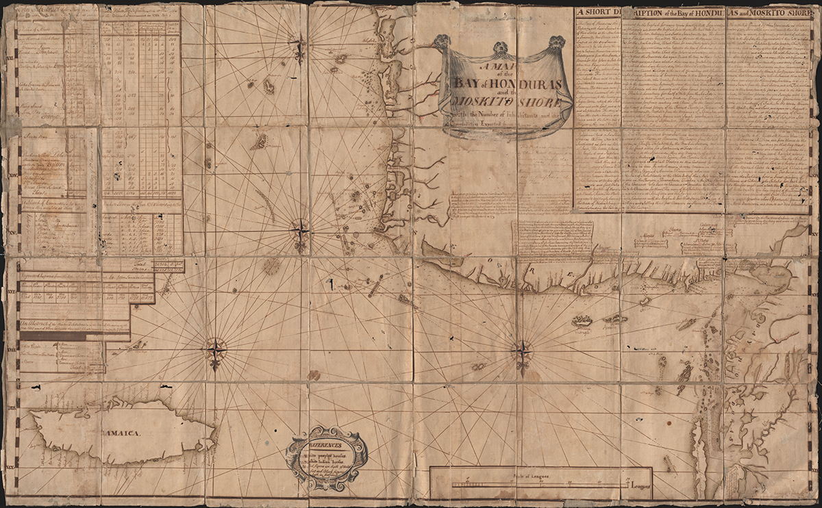'A Map of the Bay of Honduras and the Moskito Shore with the number of inhabitants and the commodities exported in 1782', drawn by Colonel Robert Hodgson II and William Pitt Hodgson. At least 14 maps of different parts of the shore are attributed to Robert Hodgson II, but this is his magnum opus. Courtesy of the Biblioteca Virtual de Defensa de España.