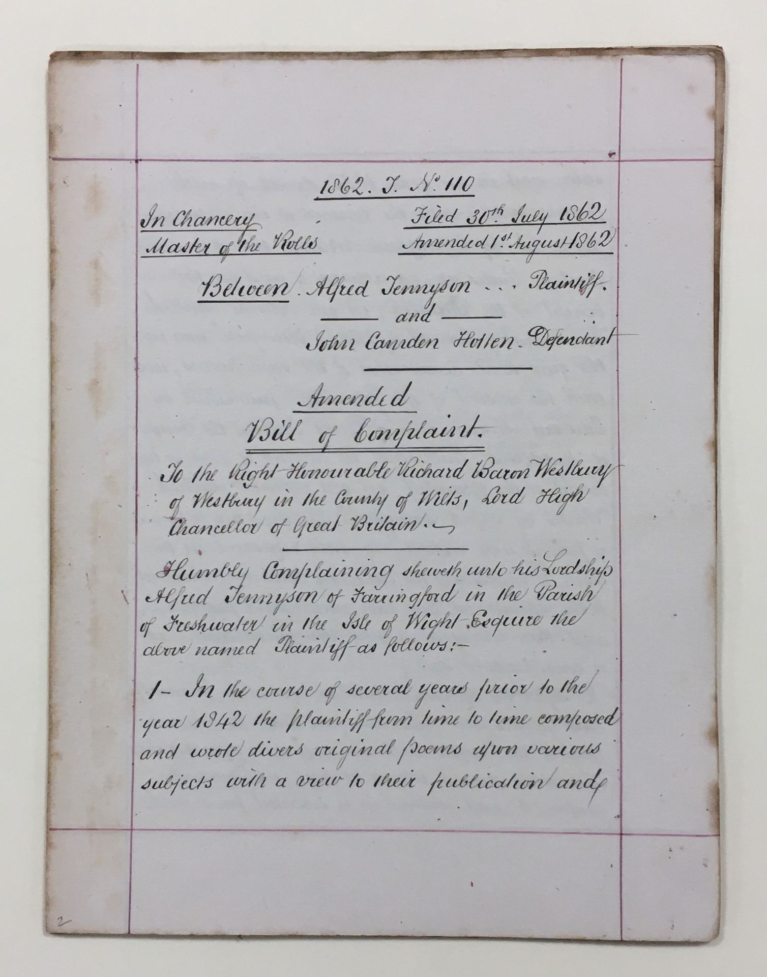 Manuscript copy of the Bill of Complaint between Alfred Tennyson and John Camden Hotten.